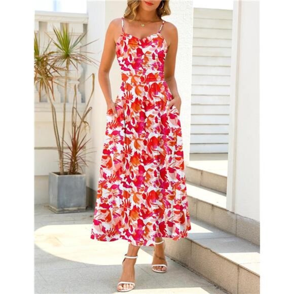 Women Ruched Maxi Dress Adjustable Spaghetti Strap Floral Red Orange - Picture 1 of 5